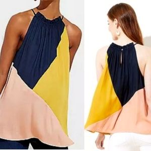 NWT LOFT color block high neck silk blouse navy blue yellow pink swing top sz S